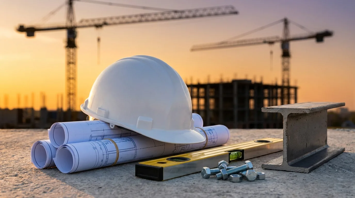 A construction site with tools, blueprints and cranes in the background represents quality assurance for healthcare projects.