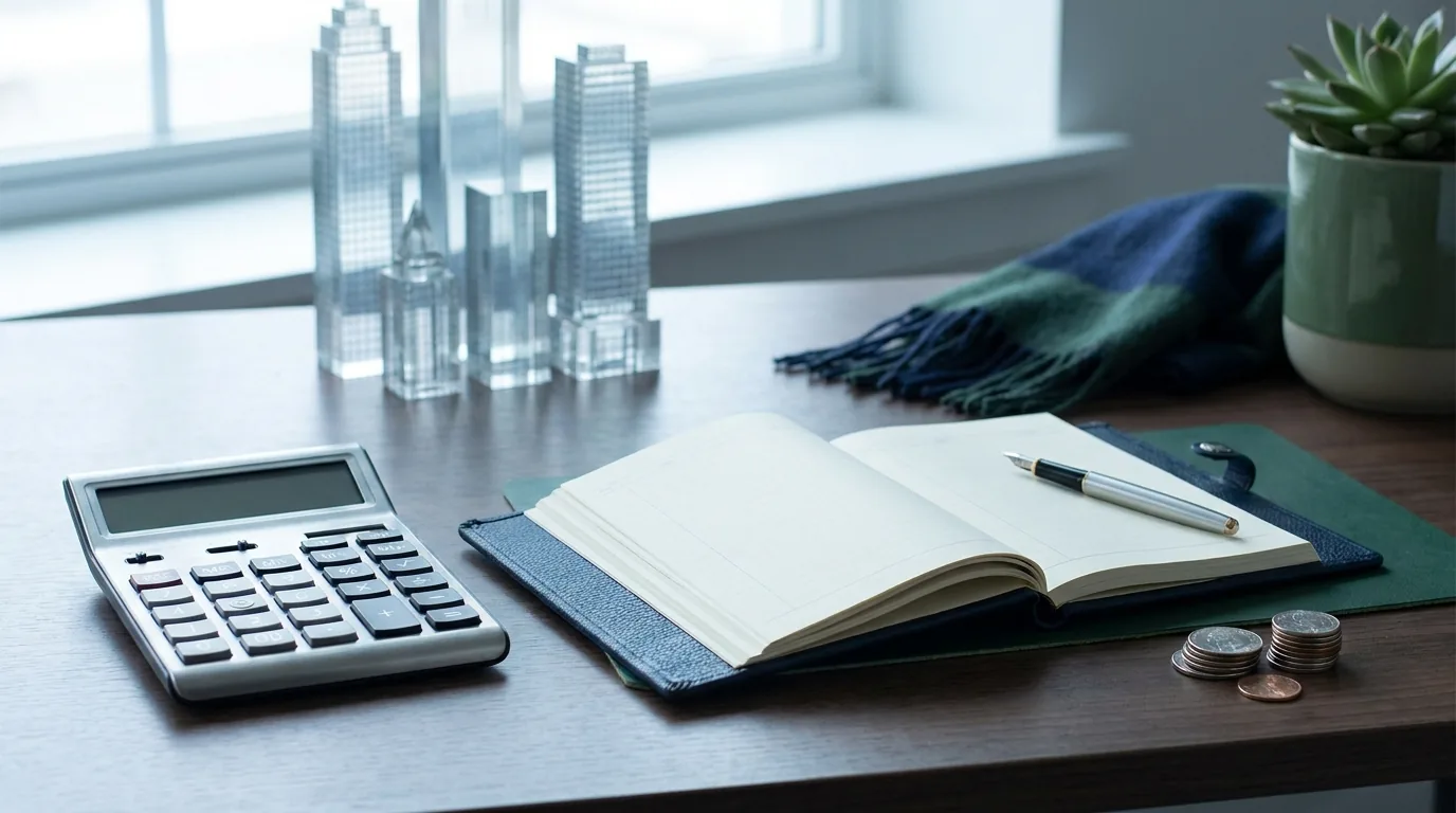 A desk setup with a calculator, notebook and cityscape miniatures represents financial services quality assurance.