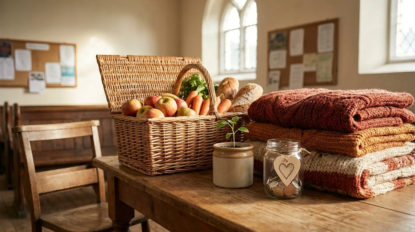 Community support still life: donated food basket, blankets and coin jar